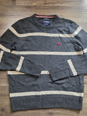 American Eagle Sweater Mens Med Athletic Fit Crew Neck Gray Striped Wool Blend